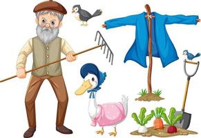 set di oggetti della fattoria e personaggio dei cartoni animati del contadino vettore