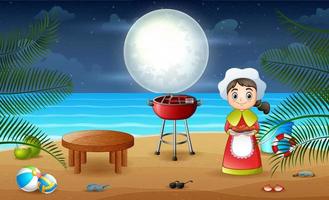 sfondo notturno di paesaggio marino con una donna che cucina vettore