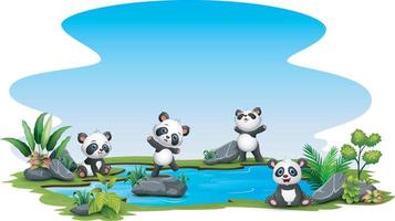 gruppo di panda nello stagno vettore