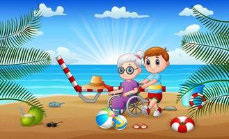 ragazzo felice con sua nonna sulla spiaggia vettore