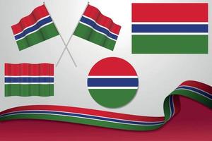 set di bandiere della Gambia in diversi design, icona, bandiere sventolanti con nastro con sfondo. vettore libero