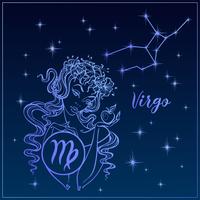 Segno zodiacale Vergine come una bella ragazza. La costellazione della Vergine. Cielo notturno. Oroscopo. Astrologia. Vettore. vettore