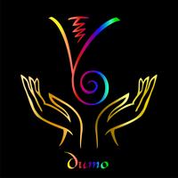 Karuna Reiki. Guarigione energetica. Medicina alternativa. Simbolo Dumo. Pratica spirituale Esoteric.Open palm. Colore dell&#39;arcobaleno Vettore