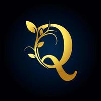 elegante logo di lusso q. logo alfabeto floreale dorato con foglie di fiori. perfetto per moda, gioielli, salone di bellezza, cosmetici, spa, boutique, matrimoni, francobolli per lettere, logo di hotel e ristoranti. vettore