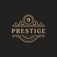 il logo di lusso numero 9 fiorisce linee di ornamento calligrafiche eleganti. segno di affari, identità per ristorante, regalità, boutique, bar, hotel, araldico, gioielli e modello di progettazione del logo di moda vettore