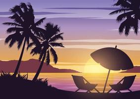 silhouette art design del mare all'ora del tramonto e palme vettore
