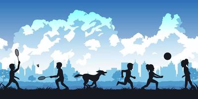 silhouette di attività di persone nel parco i bambini fanno sport e un ragazzo gioca con un cane vettore