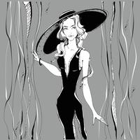 Ragazza alla moda . Modello di bellezza in cappello Grafica. Grigio. Illustrazione vettoriale