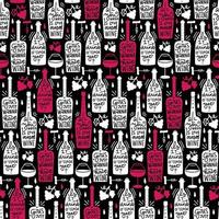 modello senza cuciture con bottiglie di vino bianco e rosa, bicchieri, uva e cavatappi con iscrizione di citazioni scritte. carino concetto di bevanda femminile. illustrazione della mano di vettore