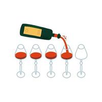 versando il vino rosso nei bicchieri. concetto isolato vista laterale. illustrazione vettoriale disegnata a mano piatta.