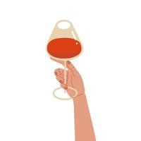 elegante mano femminile che tiene un bicchiere di vino rosso. braccio della donna con bicchiere di vino di bevanda alcolica. concetto di amante del vino. vista laterale. illustrazione vettoriale disegnata a mano piatta