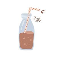 bottiglia di vetro con cioccolato al latte con cannuccia rigata. illustrazione vettoriale disegnata a mano piatta isolata.