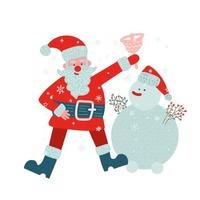 personaggi di natale. Babbo Natale sta suonando il campanello con i suoi amici pupazzo di neve. felice anno nuovo concetto isolato. illustrazione disegnata a mano di vectpr piatta in stile doodle. vettore