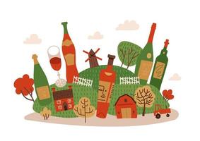 accogliente paesaggio del villaggio autunnale con bevande di vino. enormi bottiglie e bicchiere di vino tra piccole case e alberi... illustrazione disegnata a mano piatta vettoriale. vettore