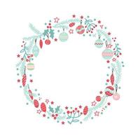 ghirlanda di Natale con palline, bacche, rami e fiocchi di neve su sfondo bianco. perfetto per i biglietti di auguri per le vacanze. illustrazione disegnata a mano. vettore