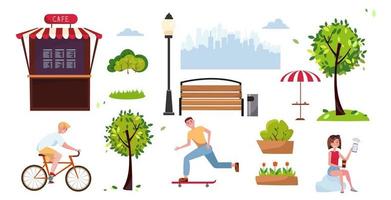 elementi del parco urbano a colori impostati per luoghi pubblici con sportivi, ciclisti, pattinatori, caffè di strada. oggetti del paesaggio estivo del parco cittadino. illustrazione del fumetto piatto vettoriale. elementi di arredo urbano per esterni. vettore