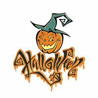 Halloween. Lettering magica da favola con gocce che scendono giù. Scheda di tutti i santi. Mostro di zucca di cartone animato in un cappello di strega. Vettore. vettore