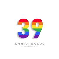 Celebrazione dell'anniversario di 39 anni con colore arcobaleno per eventi celebrativi, matrimoni, biglietti di auguri e inviti isolati su sfondo bianco vettore
