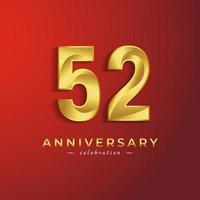 Celebrazione dell'anniversario di 52 anni con colore dorato lucido per eventi celebrativi, matrimoni, biglietti di auguri e biglietti d'invito isolati su sfondo rosso vettore