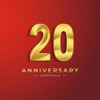 Celebrazione dell'anniversario di 20 anni con colore dorato lucido per eventi celebrativi, matrimoni, biglietti di auguri e biglietti d'invito isolati su sfondo rosso vettore