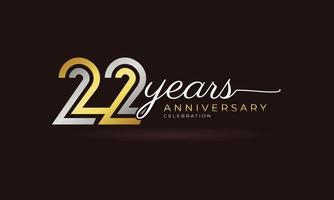 Logotipo di celebrazione dell'anniversario di 22 anni con linea multipla collegata colore argento e dorato per eventi celebrativi, matrimoni, biglietti di auguri e inviti isolati su sfondo scuro vettore