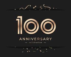 Design in stile logotipo di celebrazione dell'anniversario di 100 anni. il saluto di buon anniversario celebra l'evento con linea multipla dorata e coriandoli isolati su sfondo scuro illustrazione di design vettore