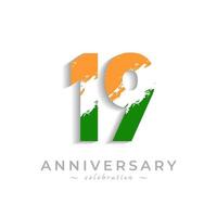 Celebrazione dell'anniversario di 19 anni con una barra bianca a pennello in giallo zafferano e verde bandiera indiana. il saluto di buon anniversario celebra l'evento isolato su priorità bassa bianca vettore