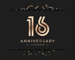 Design in stile logotipo di celebrazione dell'anniversario di 16 anni. il saluto di buon anniversario celebra l'evento con linea multipla dorata e coriandoli isolati su sfondo scuro illustrazione di design vettore