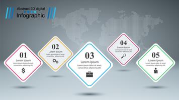 Infografica di affari Cinque oggetti di carta. vettore