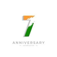 Celebrazione dell'anniversario di 7 anni con una barra bianca a pennello in giallo zafferano e verde bandiera indiana. il saluto di buon anniversario celebra l'evento isolato su priorità bassa bianca vettore
