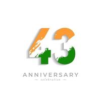 Celebrazione dell'anniversario di 43 anni con barra bianca a pennello in colore giallo zafferano e bandiera indiana verde. il saluto di buon anniversario celebra l'evento isolato su priorità bassa bianca vettore