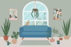 accogliente soggiorno interno con divano, ampia finestra, gatto e piante che crescono in vaso. illustrazione vettoriale in stile piatto.