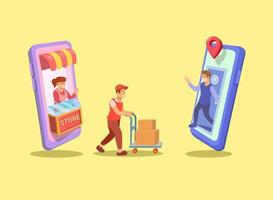 shopping mobile con consegna tramite corriere. smartphone negozio online metafora 3d fumetto illustrazione vettoriale