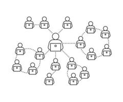 lavoro di squadra per riunioni online a distanza nella comunicazione globale, schema. interazione nei social network. collega le persone in gruppi e usa il computer. vettore