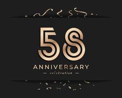 Design in stile logotipo di celebrazione dell'anniversario di 58 anni. il saluto di buon anniversario celebra l'evento con linea multipla dorata e coriandoli isolati su sfondo scuro illustrazione di design vettore