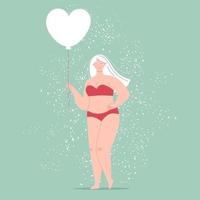 una felice bella donna grassoccia in costume da bagno con in mano un palloncino a forma di cuore. concetto di positività corporea, amor proprio, sovrappeso. personaggio femminile vettoriale piatto