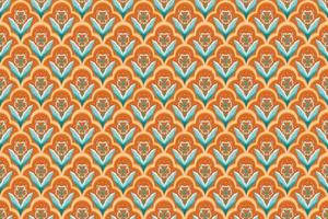fiore blu su arancione marrone geometrico etnico orientale modello tradizionale design per sfondo, moquette, carta da parati, abbigliamento, avvolgimento, batik, tessuto, illustrazione vettoriale stile ricamo