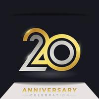 Celebrazione dell'anniversario di 20 anni con linee multiple collegate di colore dorato e argento per eventi celebrativi, matrimoni, biglietti di auguri e inviti isolati su sfondo scuro