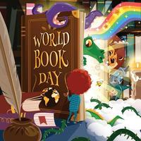 concetto di giornata mondiale del libro con l'avventura all'interno di un libro fantasy vettore