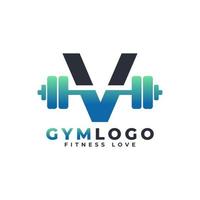 logo della lettera v con bilanciere. logo palestra fitness. design del logo vettoriale di sollevamento per palestra e fitness. modello di logo della lettera dell'alfabeto