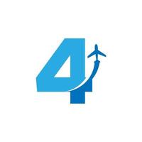 il numero 4 viaggia con l'elemento del modello di progettazione del logo di volo dell'aeroplano vettore