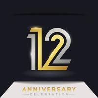 Celebrazione dell'anniversario di 12 anni con linee multiple collegate di colore dorato e argento per eventi celebrativi, matrimoni, biglietti di auguri e inviti isolati su sfondo scuro vettore