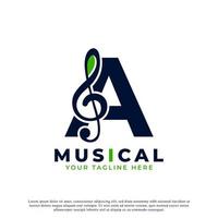 lettera a con elemento di design del logo della nota chiave musicale. utilizzabile per loghi aziendali, musicali, di intrattenimento, discografici e orchestrali vettore