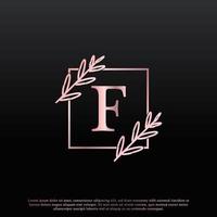 elegante logo floreale quadrato con lettera f con linea di diramazione creativa ed elegante con monogramma a foglia e colore nero rosa. utilizzabile per loghi aziendali, moda, cosmetici, spa, scienza, medicina e natura. vettore