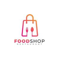 design del logo del negozio di alimentari. borsa della spesa combinata con cucchiaio e forchetta icona illustrazione vettoriale