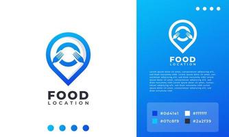 design del logo della posizione del cibo, forchetta e cucchiaio con combinazione di logo mappa pin. adatto per l'icona del logo aziendale, ristorante e app vettore