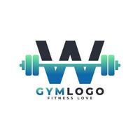 logo della lettera w con bilanciere. logo palestra fitness. design del logo vettoriale di sollevamento per palestra e fitness. modello di logo della lettera dell'alfabeto