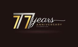 Logotipo di celebrazione dell'anniversario di 77 anni con linea multipla collegata colore argento e dorato per eventi celebrativi, matrimoni, biglietti di auguri e inviti isolati su sfondo scuro vettore