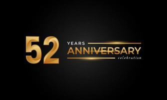 Celebrazione dell'anniversario di 52 anni con colore dorato e argento lucido per eventi celebrativi, matrimoni, biglietti di auguri e inviti isolati su sfondo nero vettore