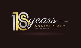 Logotipo di celebrazione dell'anniversario di 18 anni con linea multipla collegata colore argento e dorato per eventi celebrativi, matrimoni, biglietti di auguri e inviti isolati su sfondo scuro vettore